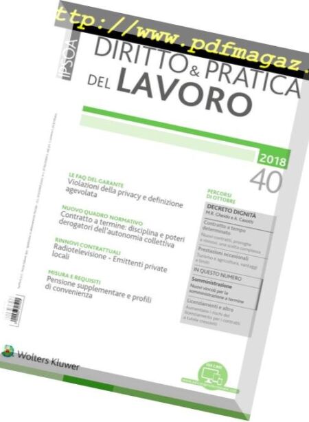 Diritto e Pratica del Lavoro – 20 Ottobre 2018 Cover