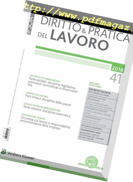 Diritto e Pratica del Lavoro – 27 Ottobre 2018 Cover