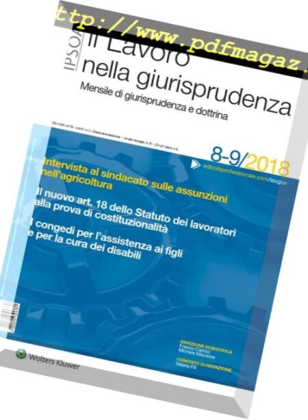 Il lavoro nella giurisprudenza – Agosto-Settembre 2018 Cover