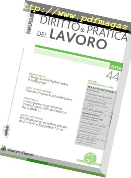 Diritto e Pratica del Lavoro – 17 Novembre 2018 Cover
