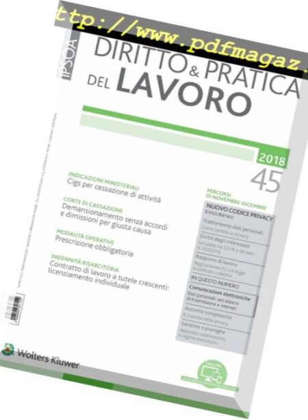 Diritto e Pratica del Lavoro – 24 Novembre 2018 Cover