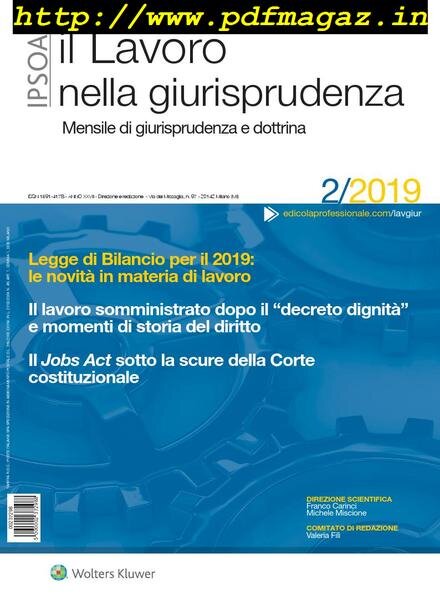 Il lavoro nella giurisprudenza – Febbraio 2019 Cover
