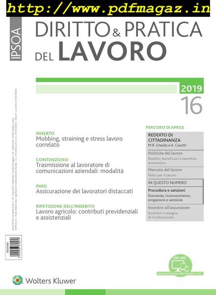 Diritto e Pratica del Lavoro – 20 Aprile 2019 Cover