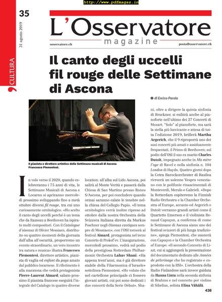 L’Osservatore – 31 agosto 2019 Cover