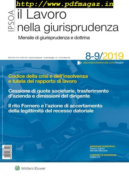 Il lavoro nella giurisprudenza – Agosto-Settembre 2019 Cover