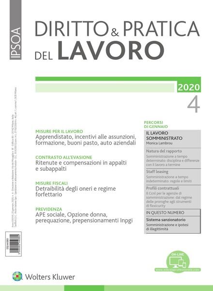 Diritto e Pratica del Lavoro – 25 Gennaio 2020 Cover