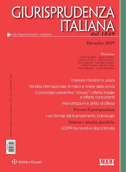 Giurisprudenza Italiana – Dicembre 2019 Cover