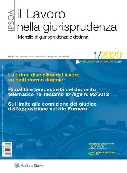 Il lavoro nella giurisprudenza – Gennaio 2020 Cover