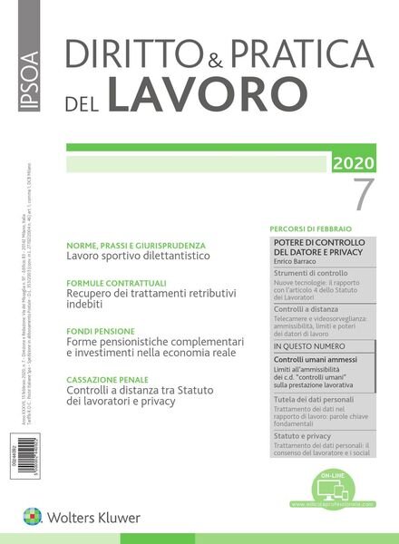 Diritto e Pratica del Lavoro – 15 Febbraio 2020 Cover