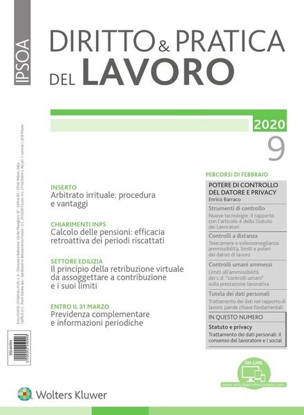 Diritto e Pratica del Lavoro – 29 Febbraio 2020 Cover