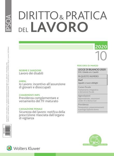 Diritto e Pratica del Lavoro – 7 Marzo 2020 Cover