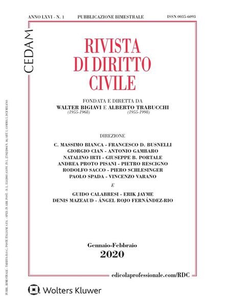 Rivista di Diritto Civile – Gennaio-Febbraio 2020 Cover