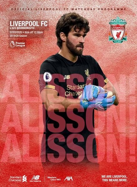 Liverpool FC Programmes – Liverpool v AFC Bournemouth – 7 March 2020 Cover