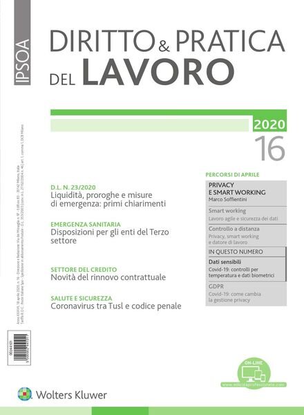 Diritto e Pratica del Lavoro – 18 Aprile 2020 Cover