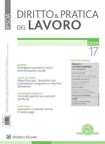 Diritto e Pratica del Lavoro – 25 Aprile 2020 Cover