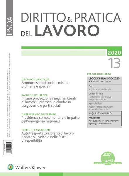 Diritto e Pratica del Lavoro – N 13, 2020 Cover