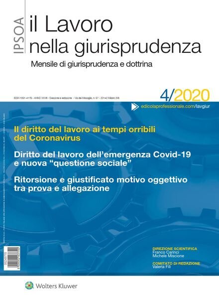 Il lavoro nella giurisprudenza – Aprile 2020 Cover