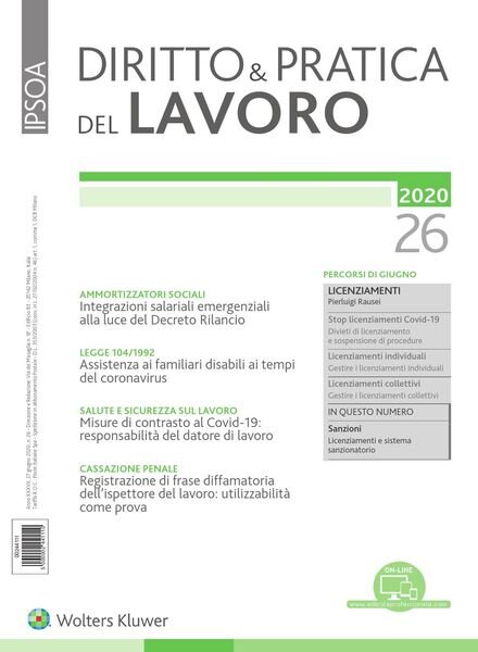 Diritto e Pratica del Lavoro – 27 Giugno 2020 Cover