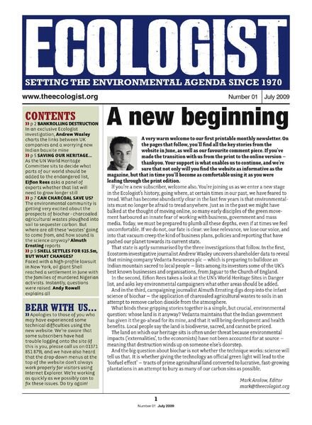 Resurgence & Ecologist – Ecologist Newsletter 1 – July 2009 Cover