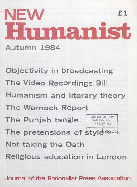New Humanist – Autumn 1984 Cover