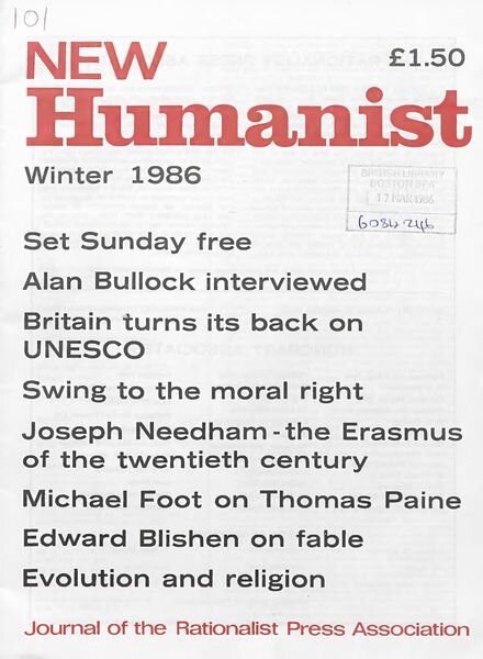 New Humanist – Winter 1986 Cover