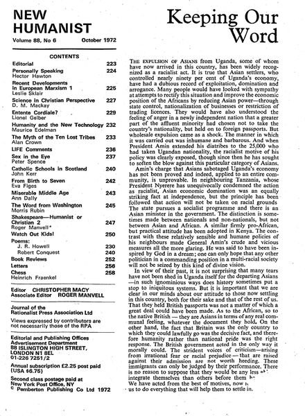 New Humanist – October 1972 Cover