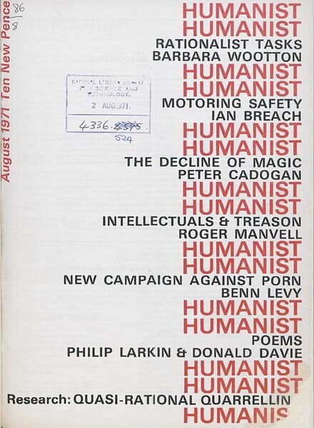 New Humanist – The Humanist, August 1971 Cover