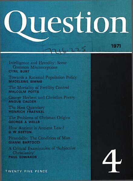 New Humanist – Question, January 1971 Cover