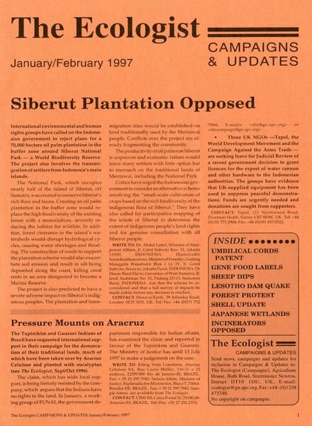 Resurgence & Ecologist – Campaigns & News January-February 1997 Cover