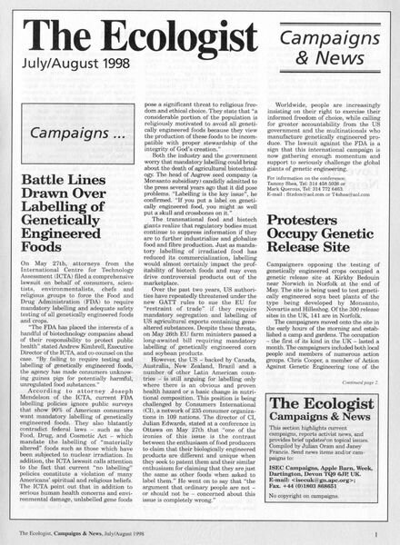 Resurgence & Ecologist – Campaigns & News July-August 1998 Cover