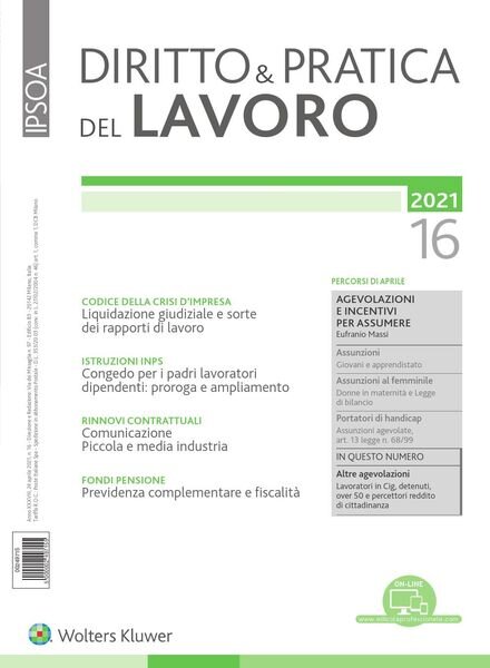 Diritto e Pratica del Lavoro – 24 Aprile 2021 Cover