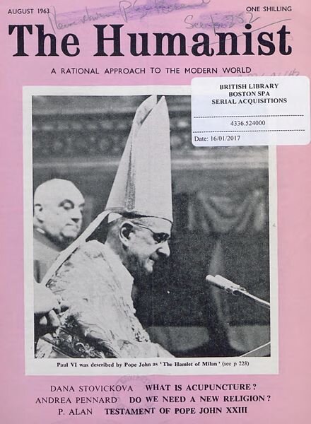 New Humanist – The Humanist, August 1963 Cover