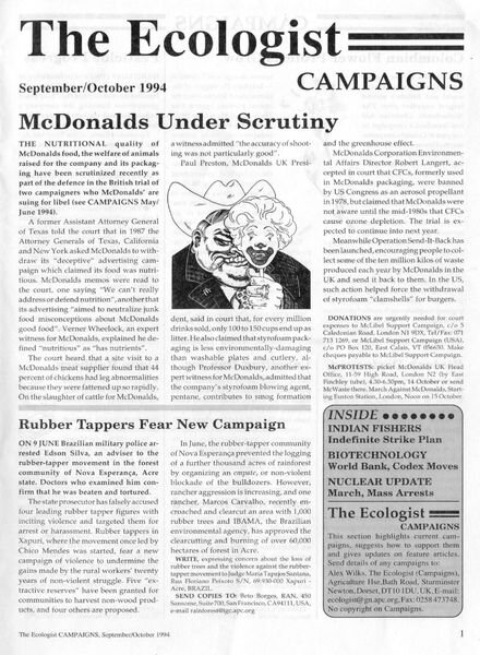 Resurgence & Ecologist – Campaigns September-October 1994 Cover