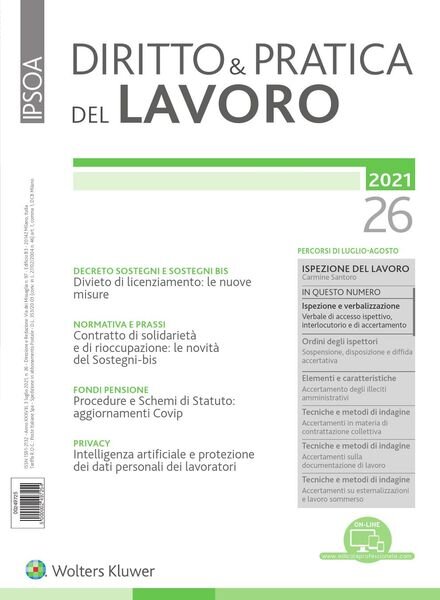 Diritto e Pratica del Lavoro – 3 Luglio 2021 Cover