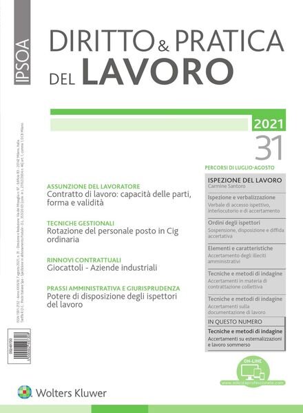 Diritto e Pratica del Lavoro – 7 Agosto 2021 Cover