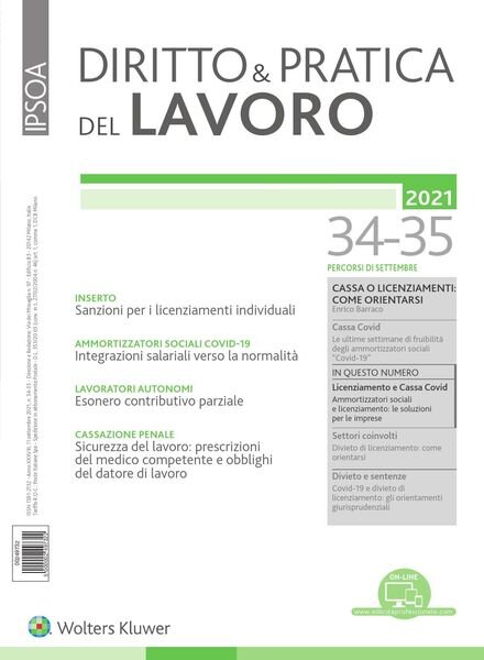 Diritto e Pratica del Lavoro — 11 Settembre 2021 Cover
