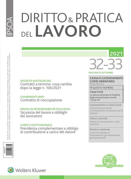 Diritto e Pratica del Lavoro – 4 Settembre 2021 Cover