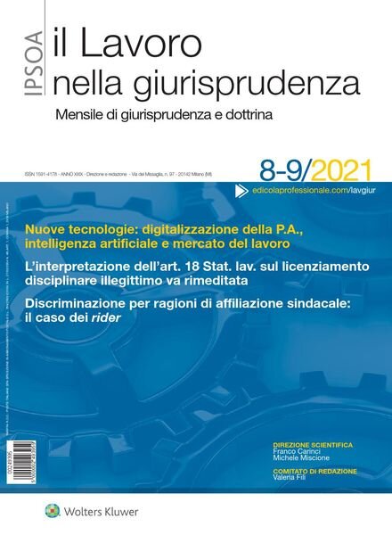 Il lavoro nella giurisprudenza – Agosto-Settembre 2021 Cover