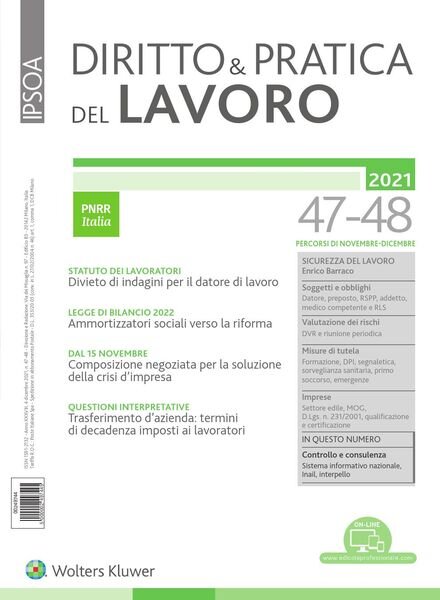 Diritto e Pratica del Lavoro – 4 Dicembre 2021 Cover