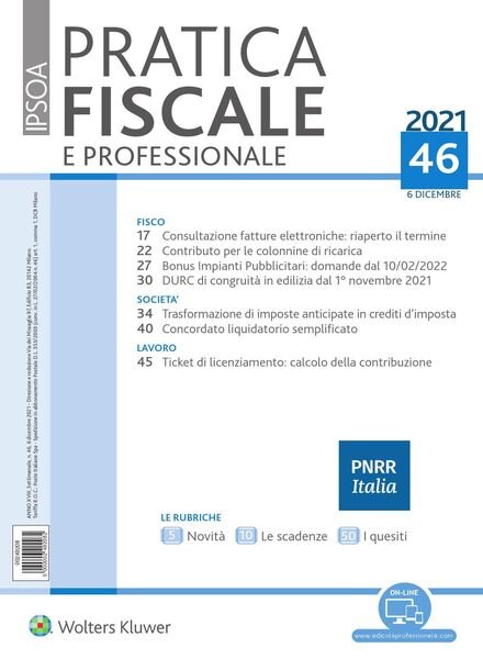 Pratica Fiscale e Professionale – 6 Dicembre 2021 Cover