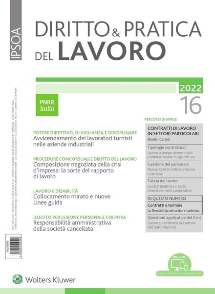 Diritto e Pratica del Lavoro – 23 Aprile 2022 Cover