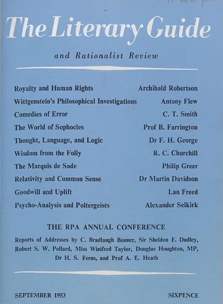 New Humanist – The Literary Guide September 1953 Cover