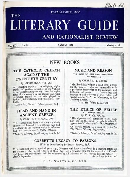 New Humanist – The Literary Guide August 1947 Cover