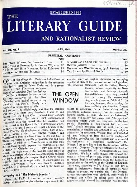 New Humanist – The Literary Guide July 1945 Cover