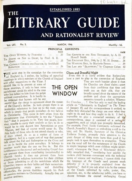 New Humanist – The Literary Guide March 1946 Cover
