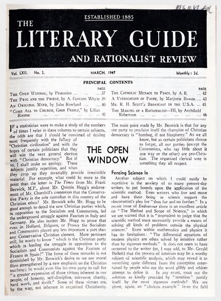 New Humanist – The Literary Guide March 1947 Cover