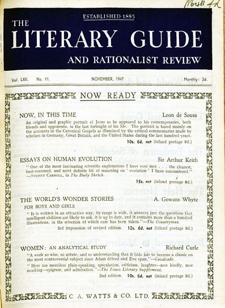 New Humanist – The Literary Guide November 1947 Cover