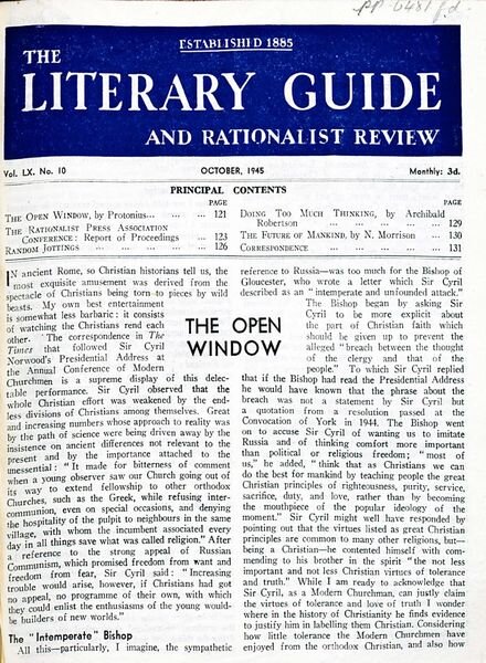 New Humanist – The Literary Guide October 1945 Cover
