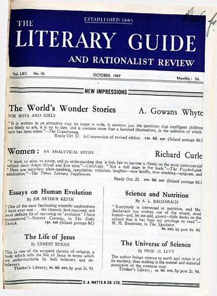 New Humanist – The Literary Guide October 1947 Cover