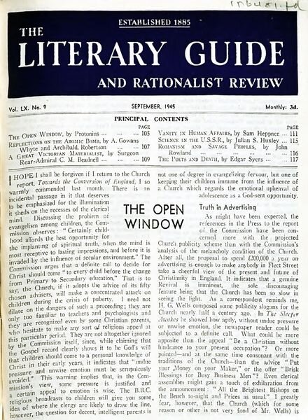 New Humanist – The Literary Guide September 1945 Cover